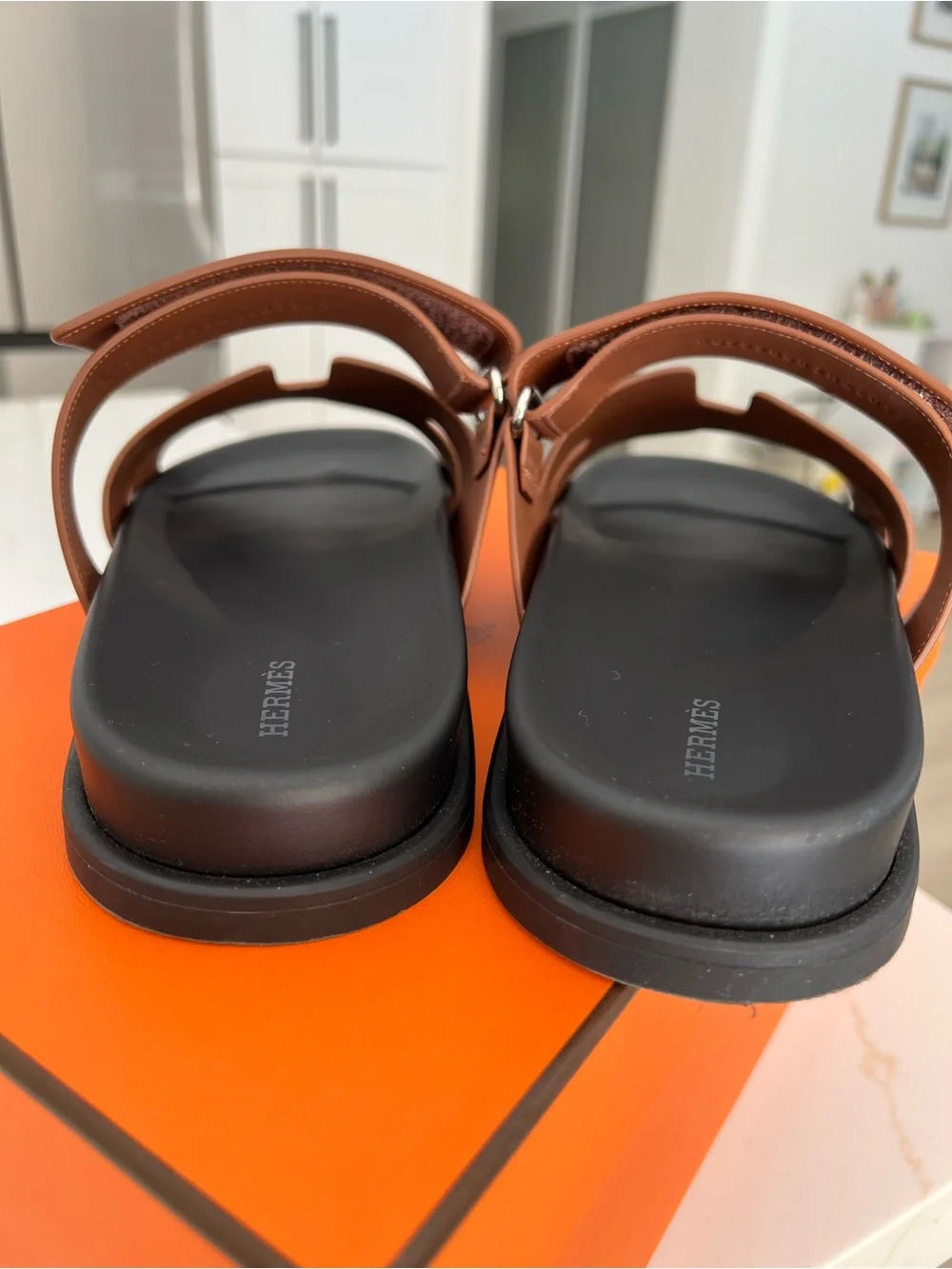 Hermes Chypre Brown Leather Slide Sandals  for Men size 46(13US)